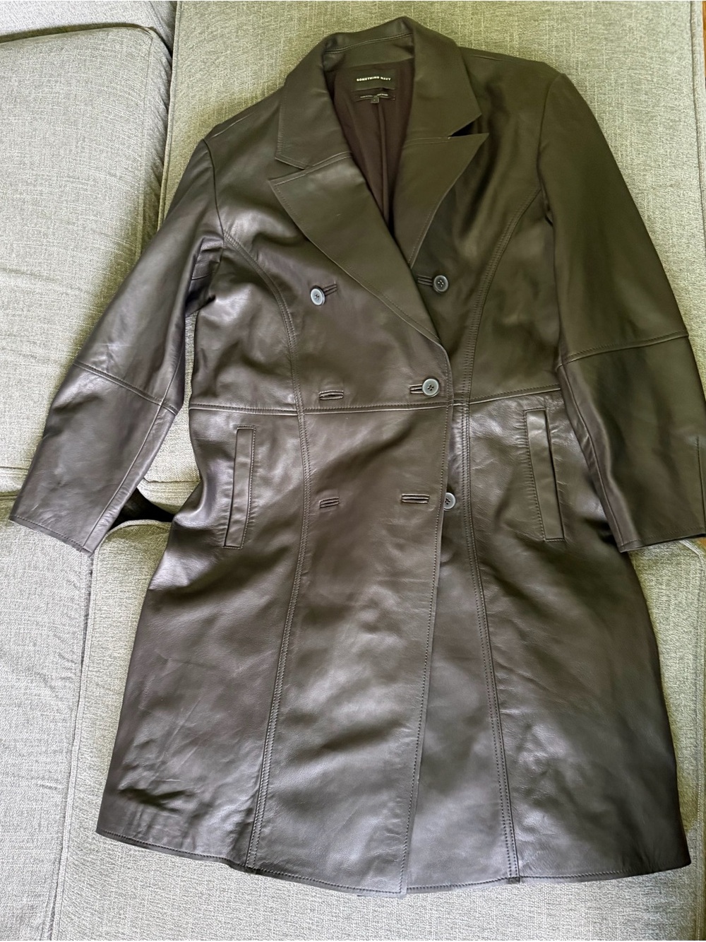 Something Navy Black Double-Breasted Leather Coat